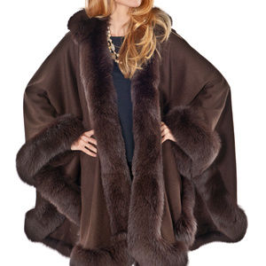 Plus Size Cashmere Cape with Fur Trim & Hood Brown